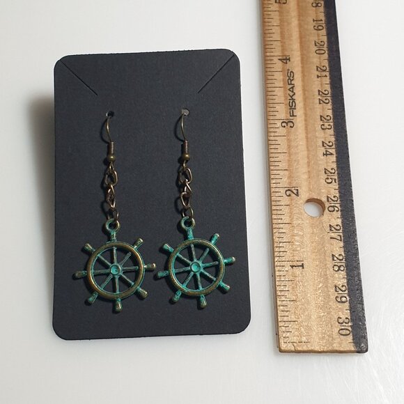Nautical Bronze Patina Steering Wheel Dangle Earrings Hook Lightweight Jewelry - Picture 4 of 4